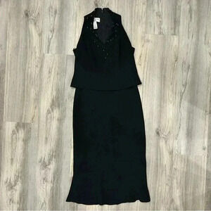 Vintage Jones New York Layered Formal Dress Sleeveless Beaded Maxi Black Size 10